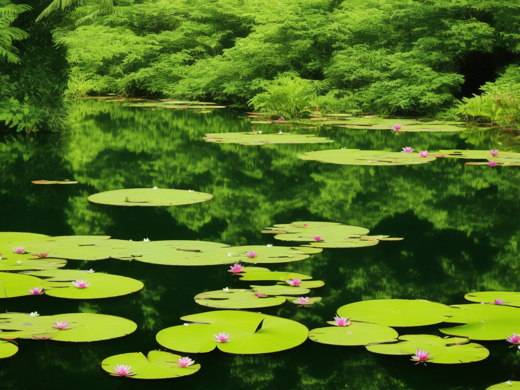 An image showcasing a serene pond with vibrant water lilies gracefully floating atop the crystal-clear water