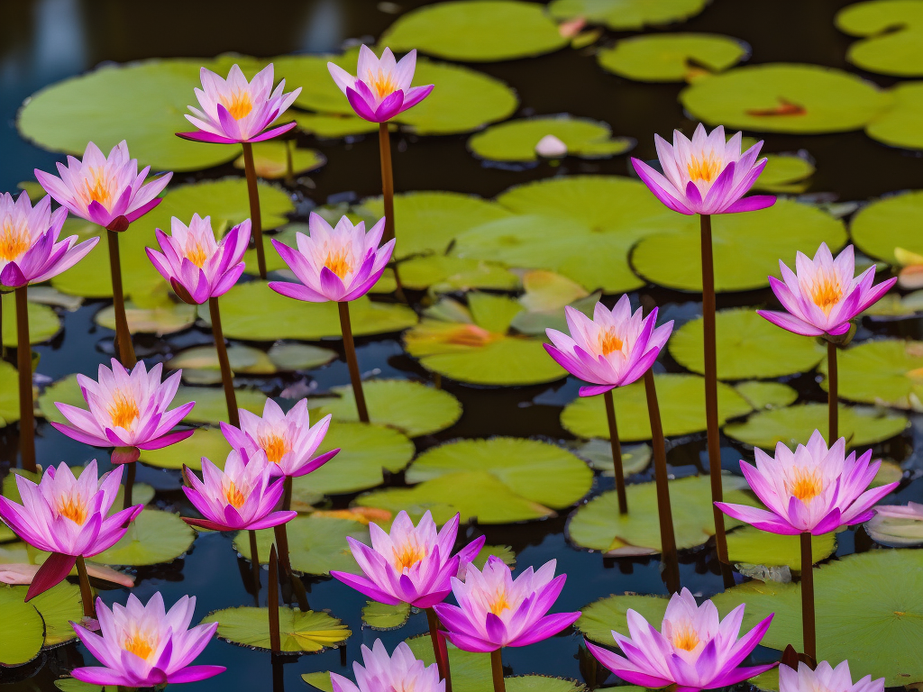 An image showcasing a vibrant mosaic of water lilies, cattails, and irises surrounding a serene pond