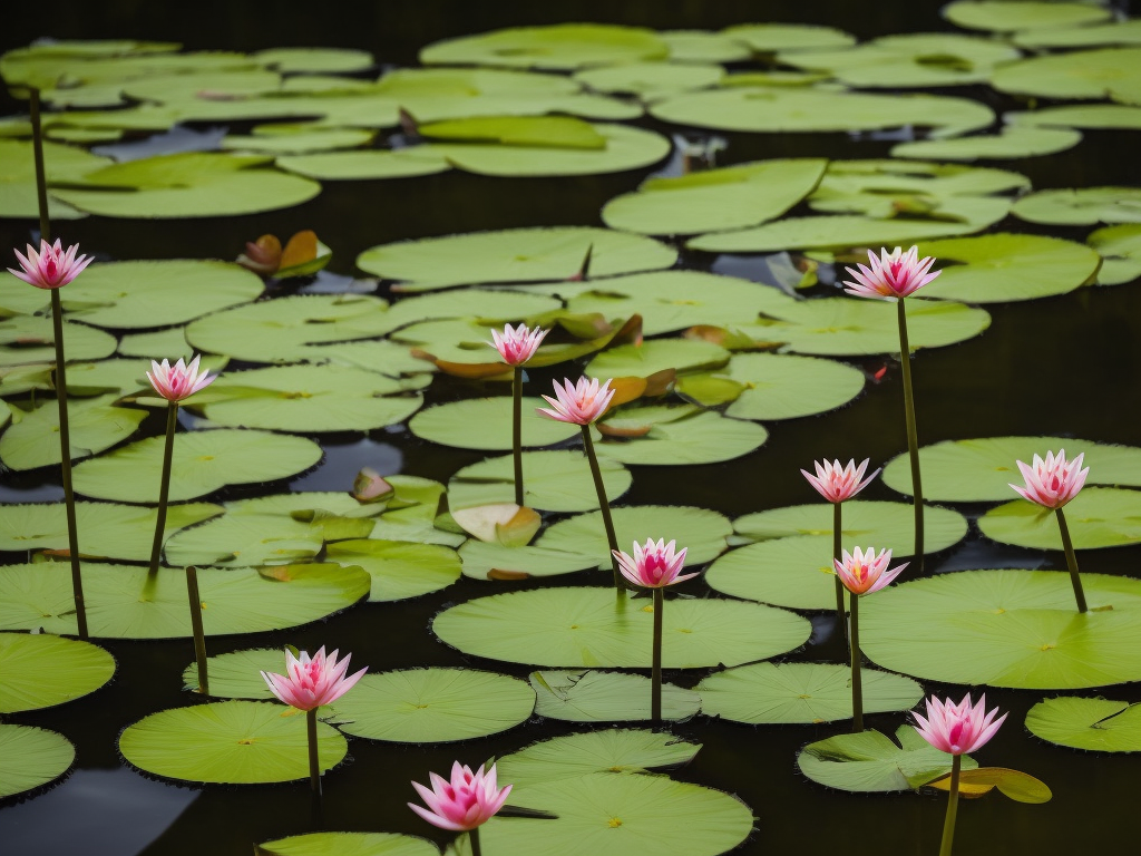 An image showcasing a serene pond, alive with vibrant aquatic life