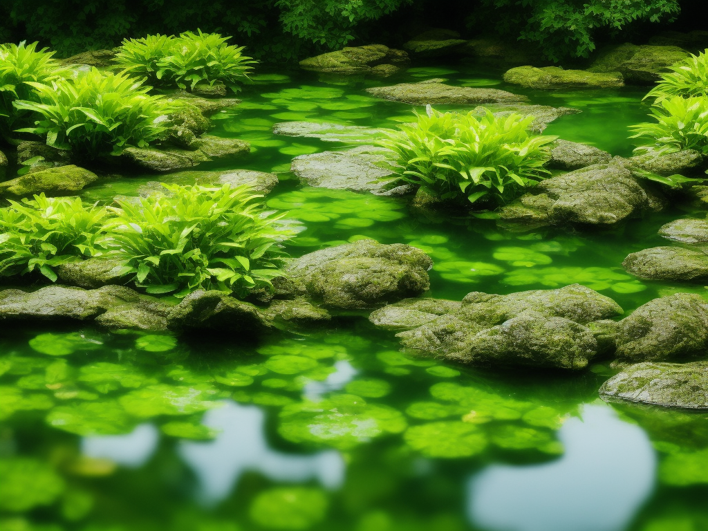 An image capturing a serene pond scene with lush aquatic plants intertwined, their vibrant foliage overflowing the water's surface