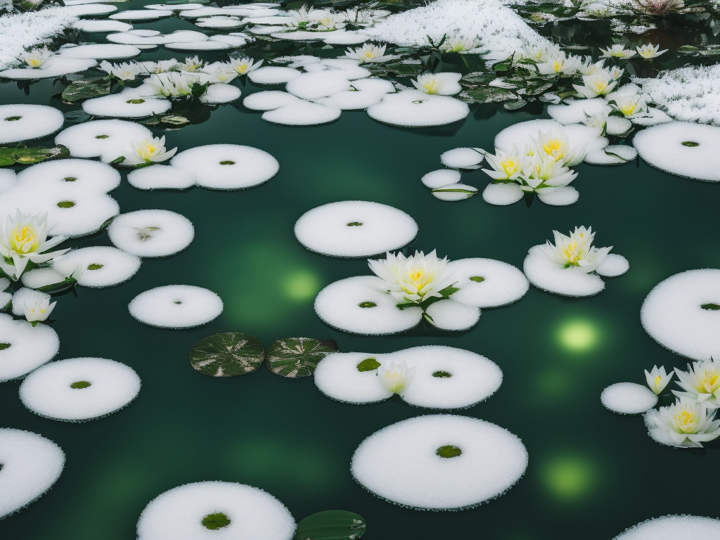 An image showcasing a serene winter pond, adorned with frozen lily pads peeking out from a delicate layer of snow