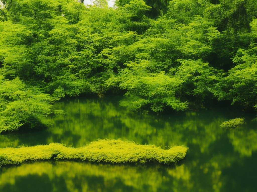 An image showcasing a vibrant pond with lush green plants, their once radiant leaves now fading to a pale yellow