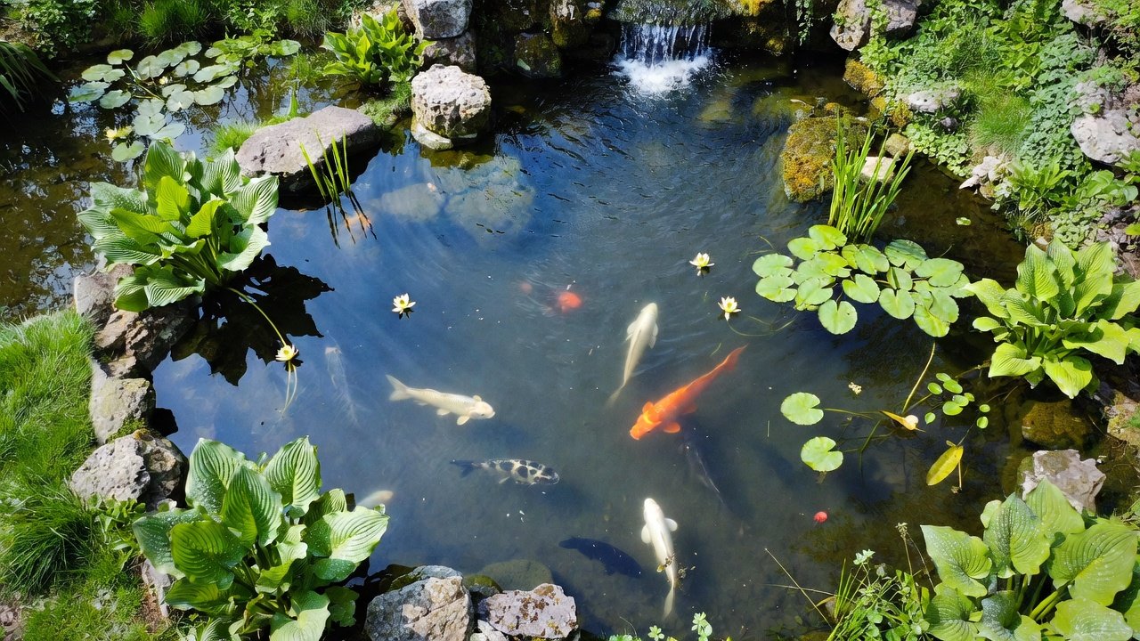 Beautiful garden koi pond in spring showing clear water, aquatic plants, and decorative rockwork