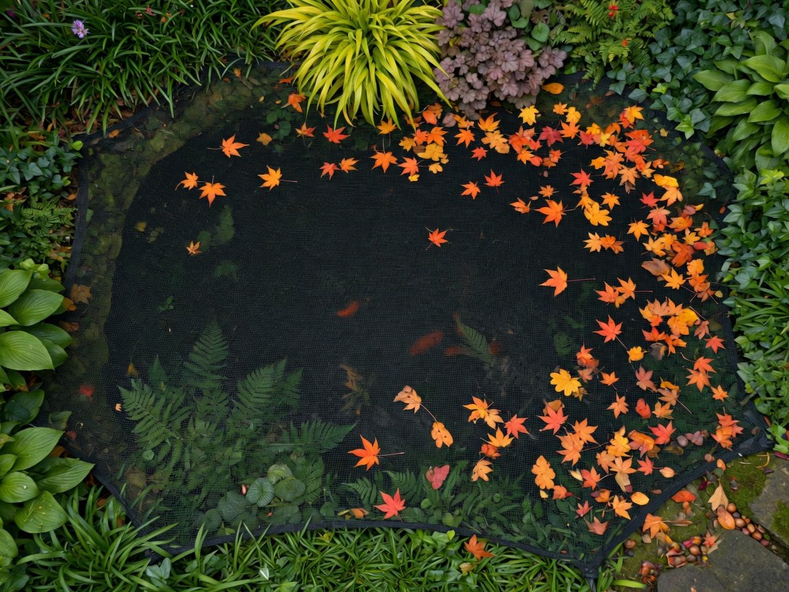 Overhead view of a small backyard koi pond fully covered by a taut black fine-mesh pond net, orange and red autumn