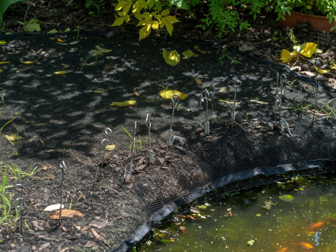 Close-up of a taut black fine-mesh pond net staked firmly along the edge of a small garden koi pond, 12 metal ground