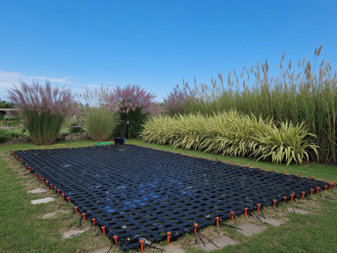 Wide-angle garden scene showing a medium-sized rectangular pond fully covered by a heavy-duty black woven mesh net with