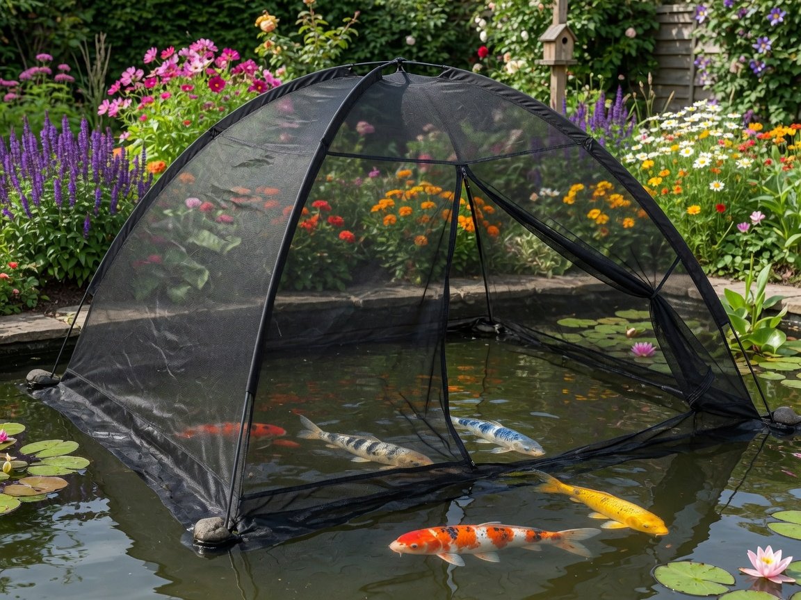 A free-standing dome-shaped black net tent arching over a garden pond, the zippered entry panel partially open showing