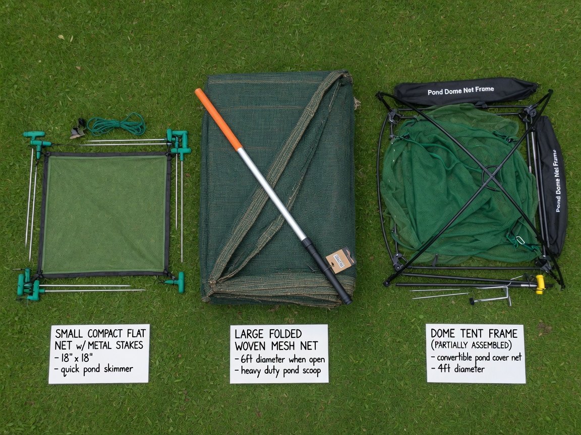 Flat lay product comparison photo on green garden turf showing three pond nets side by side — a small compact flat net