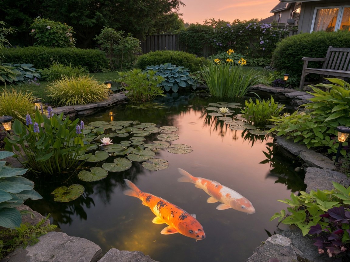 Tranquil small backyard koi pond at dusk in warm golden light, orange and white koi fish visible just beneath the still