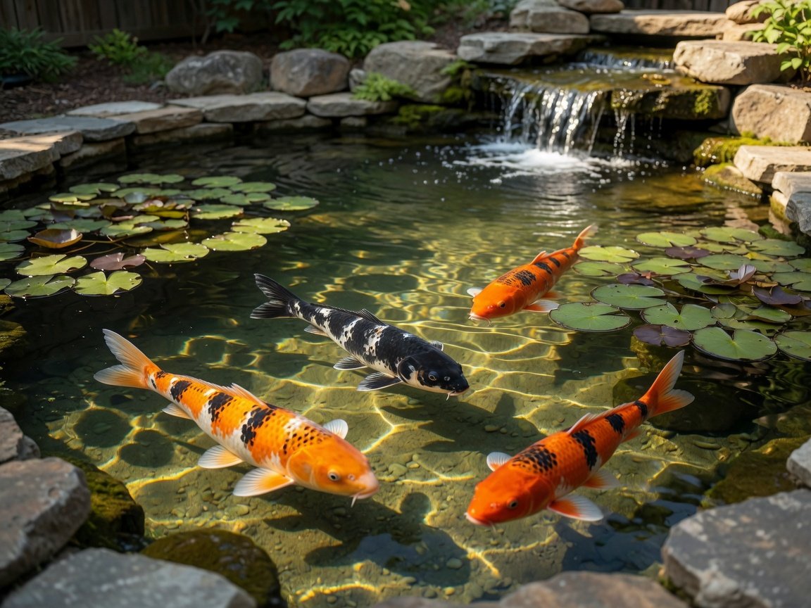 Healthy koi fish with vibrant intact fins swimming in a clear backyard garden pond