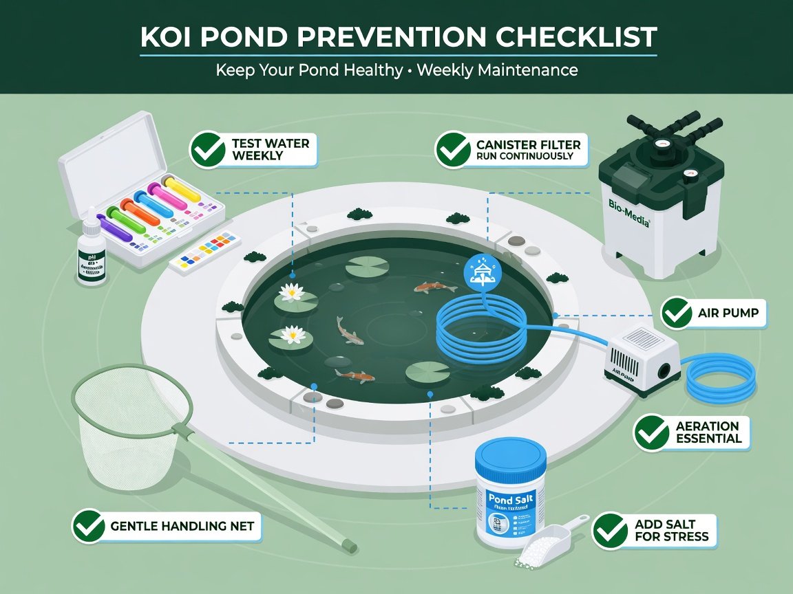 Koi pond prevention toolkit infographic showing water test kit, pond filter, air pump, salt, and fish net