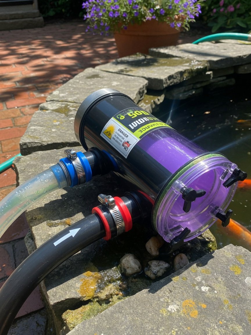 Close-up of a UV clarifier lamp unit integrated into a koi pond's plumbing system, showing the sealed housing and