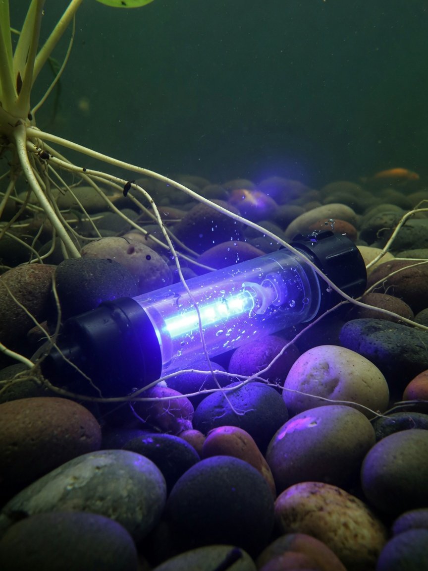Submersible UV light clarifier glowing blue-purple underwater in a koi pond, surrounded by smooth river stones and