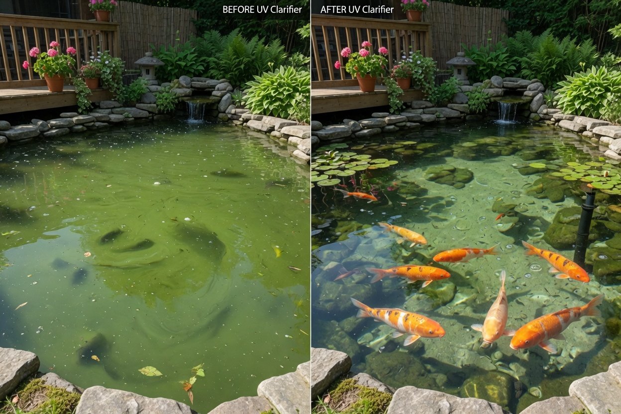 Split-view koi pond photograph showing before and after UV clarifier treatment — left side with thick green murky water