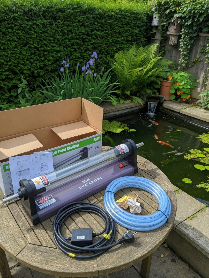 A UV clarifier unit unboxed on a wooden garden table beside a small backyard koi pond, showing the lamp housing, power