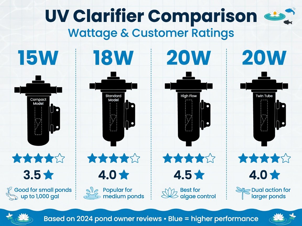 Clean infographic-style visual showing four UV clarifier silhouettes side by side with wattage numbers (15W, 18W, 20W