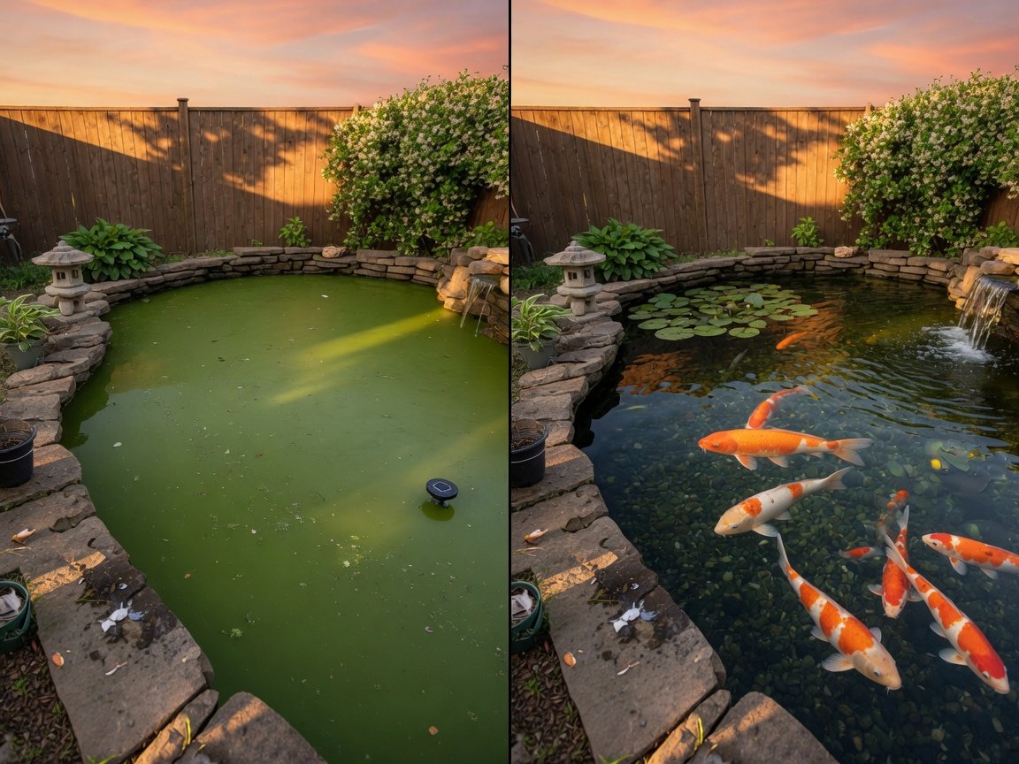 Dramatic before-and-after comparison of a backyard koi pond — left half showing thick opaque green water with no