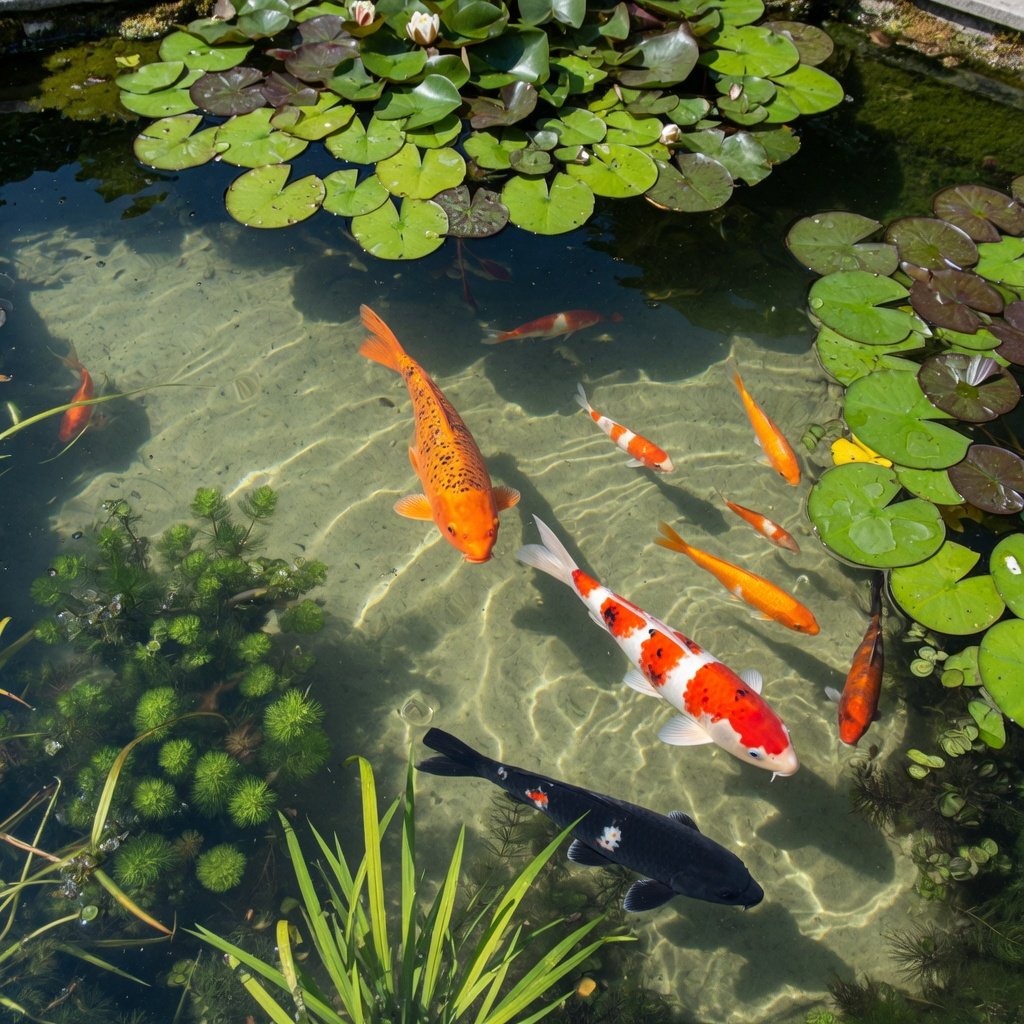 Koi pond viewed from above showing healthy orange, red-and-white, and black koi swimming actively through completely