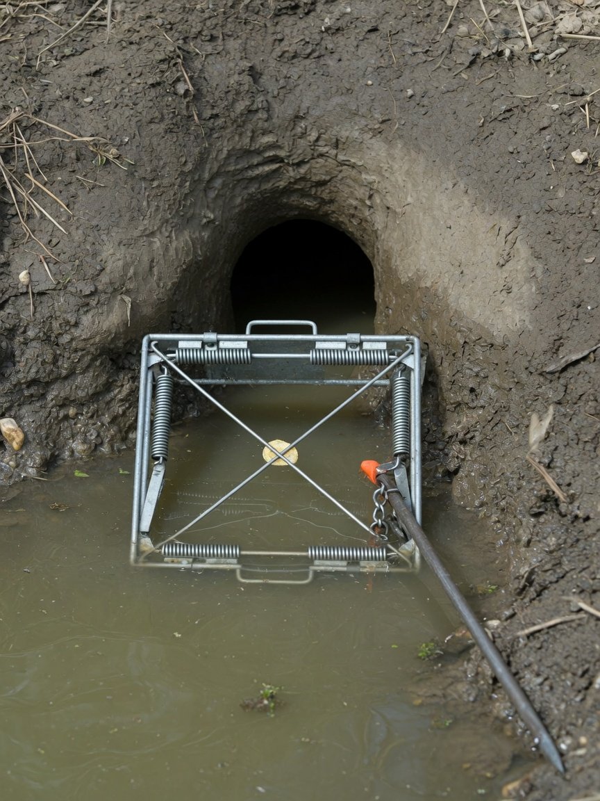 A #110 Conibear body-grip trap correctly set at a muskrat burrow entrance below the waterline of a muddy pond bank