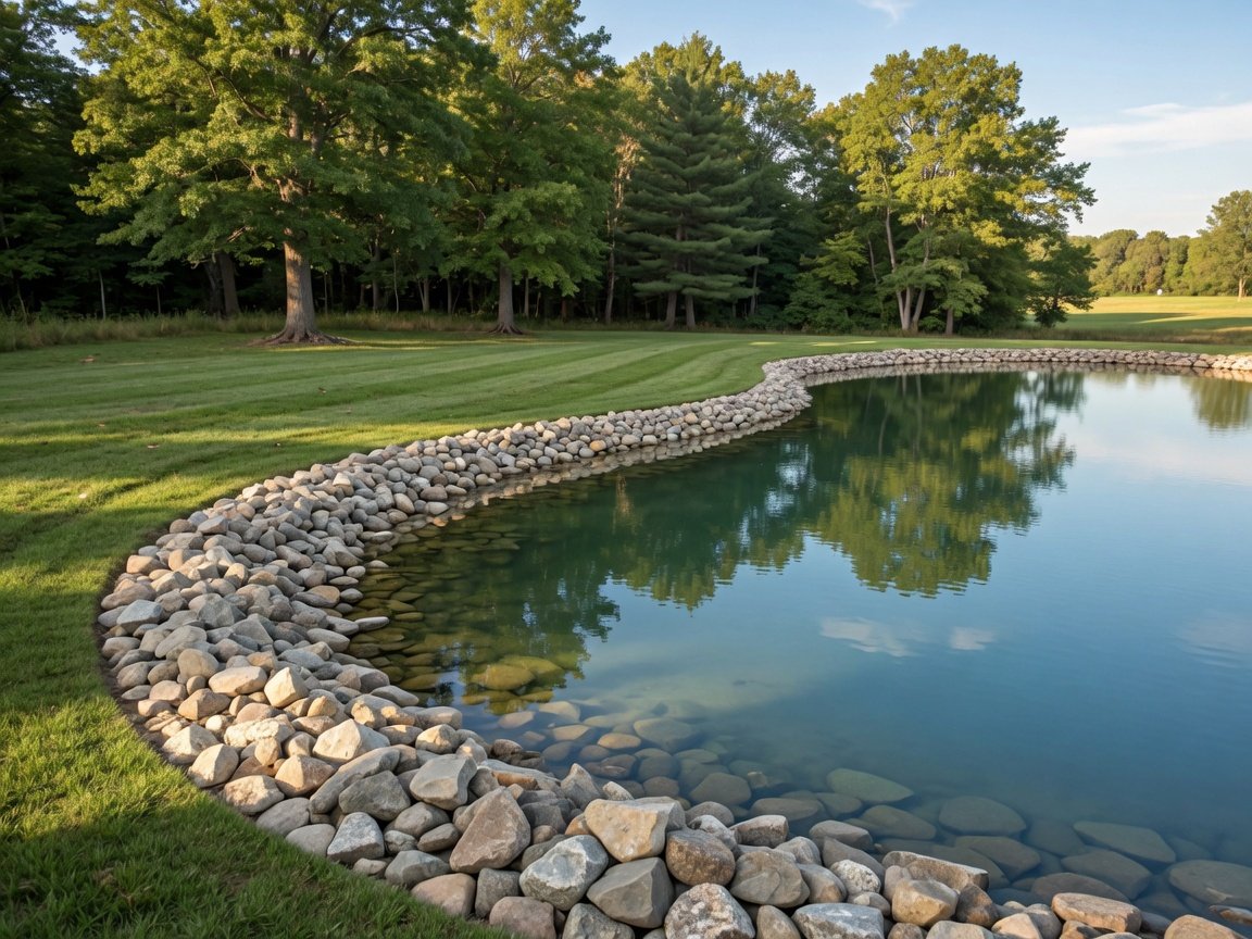 A well-maintained private pond with riprap stone armoring along the shoreline and clear blue-green water on a sunny day
