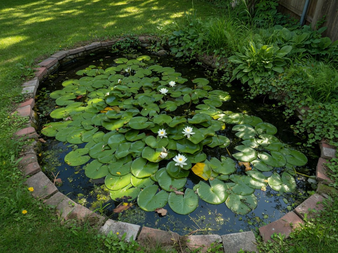 Overgrown backyard pond with lily pads covering most of the water surface during summer