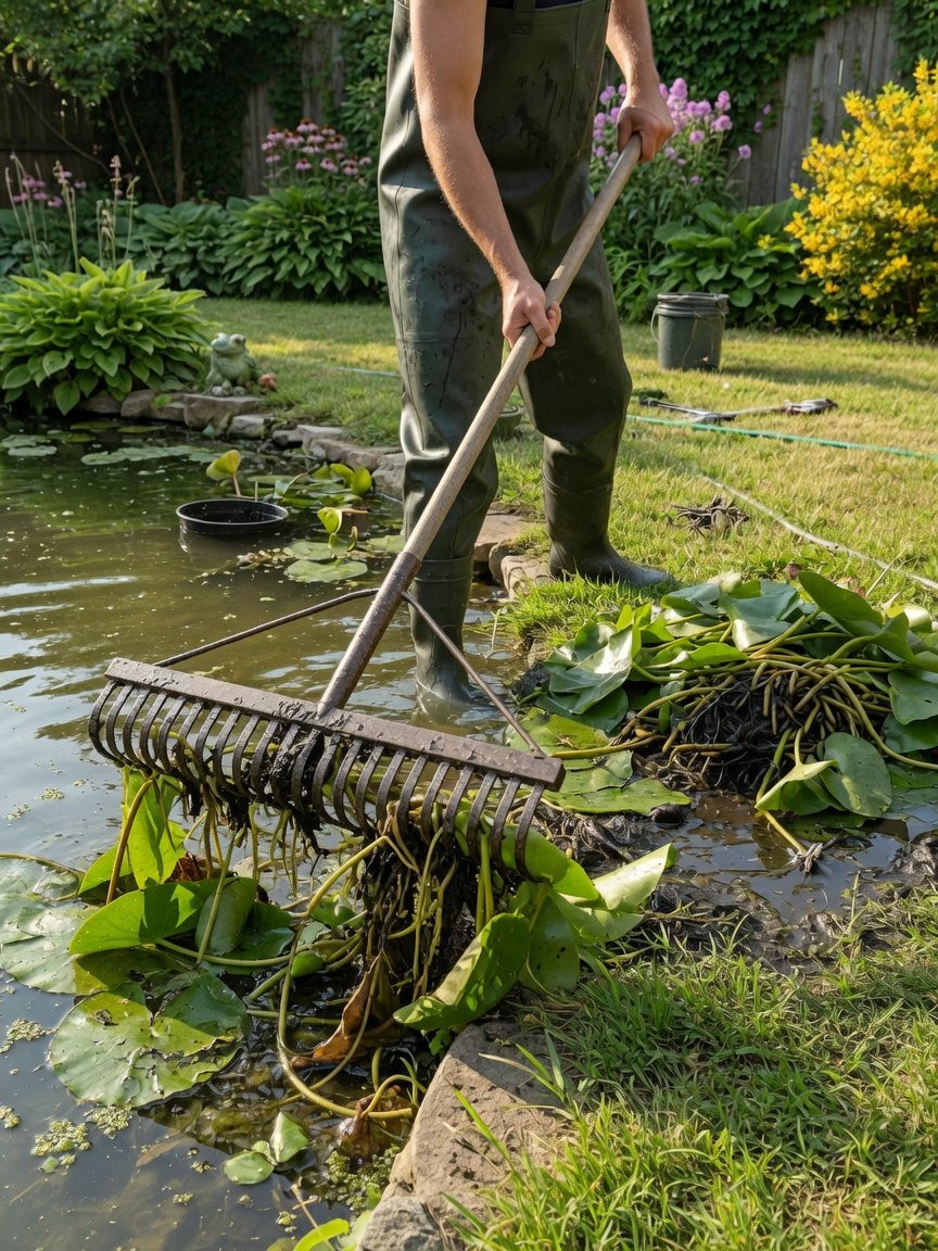 Person in waders using a long-handled pond rake to remove lily pads from a backyard garden pond