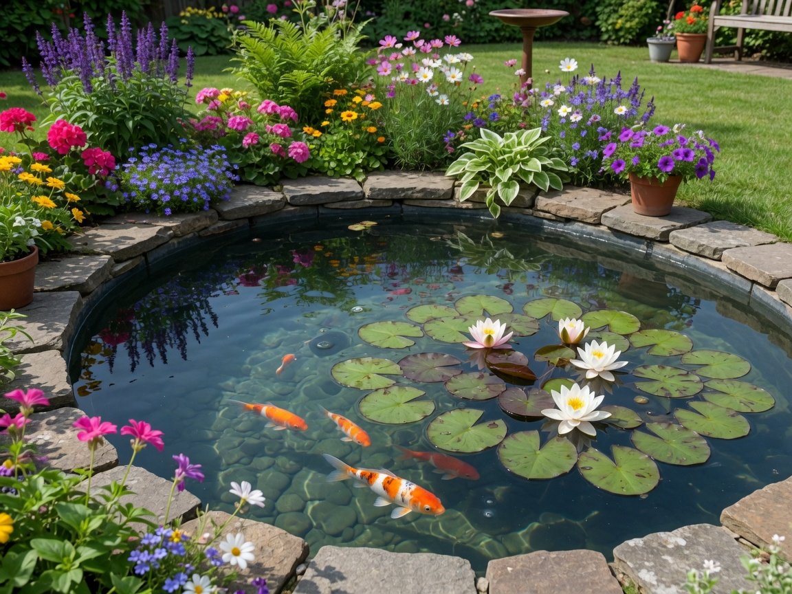 Clean healthy backyard pond with clear water and only a small area of lily pads after successful removal