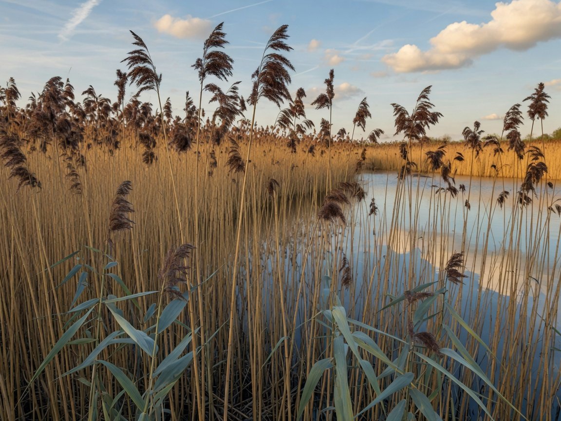 Invasive phragmites reeds growing densely along a pond margin in late summer