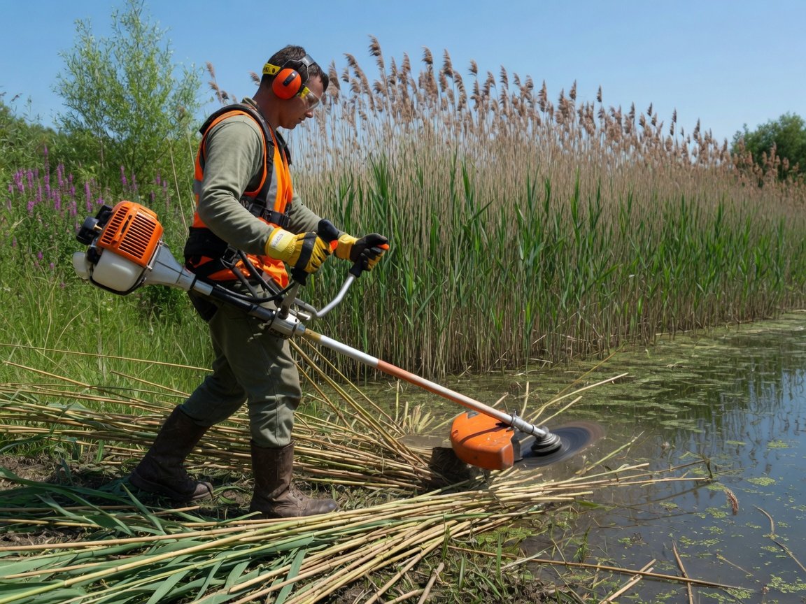 Person using a brush cutter to cut phragmites reeds at ground level near a pond edge