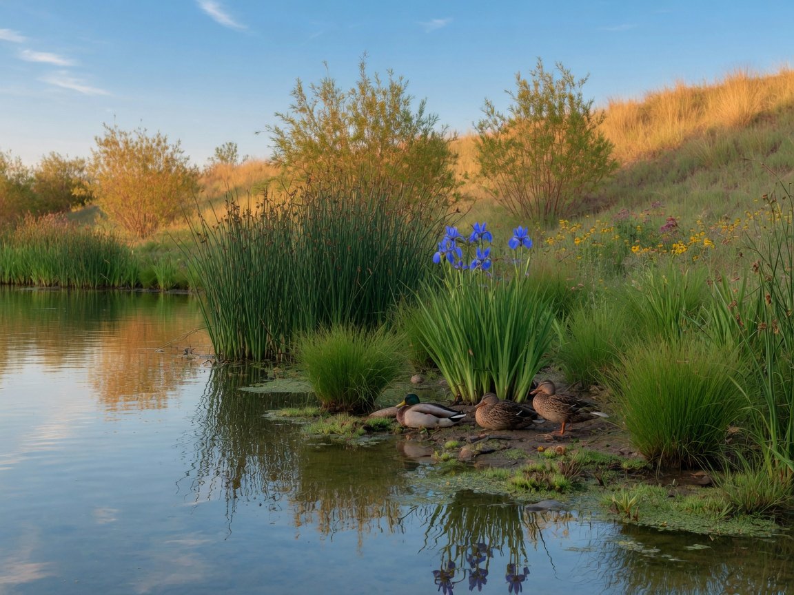 Restored pond margin with native bulrushes and sedges replacing invasive phragmites