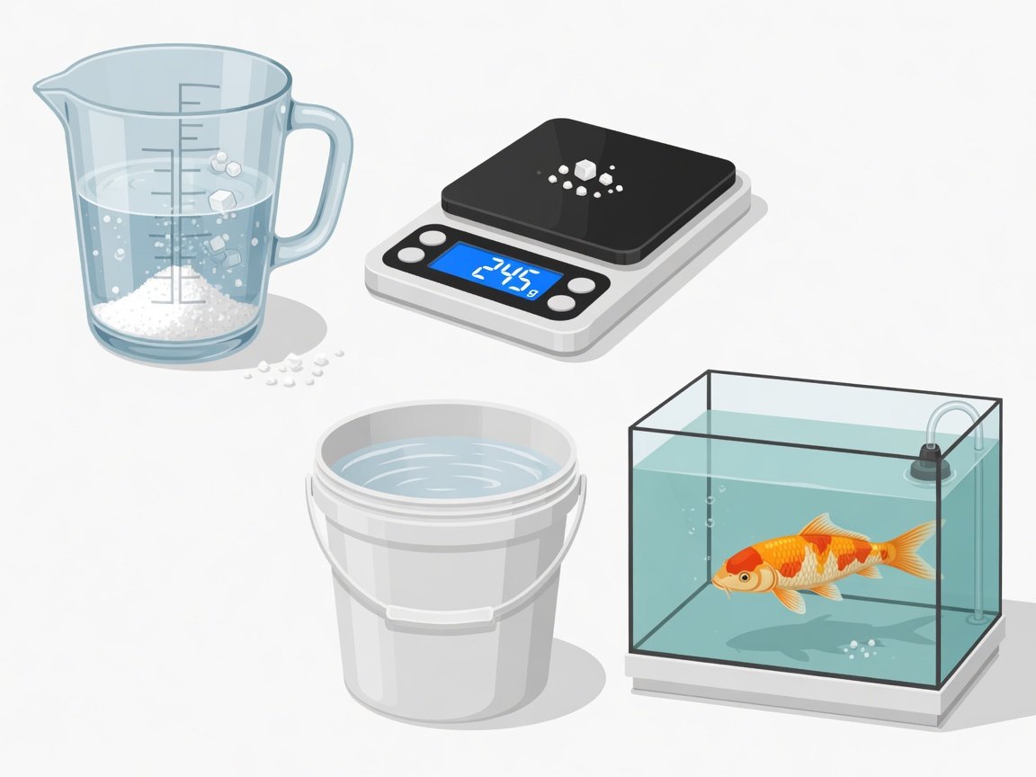 Koi pond salt treatment setup showing measuring jug, pond salt, and digital scale beside a quarantine tank