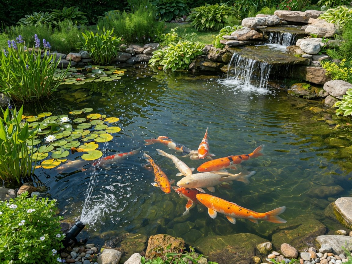 Healthy koi pond with crystal clear water, active filtration, and koi fish swimming freely in a garden setting