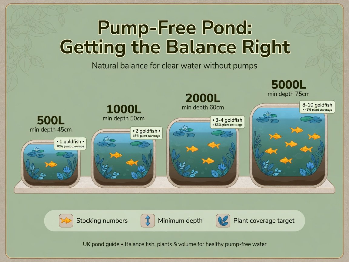 Illustrated comparison chart of pump-free goldfish pond stocking levels by pond volume and plant coverage