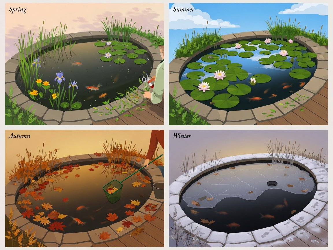 Four-panel seasonal illustration showing how to care for a pump-free goldfish pond through spring, summer, autumn, and winter