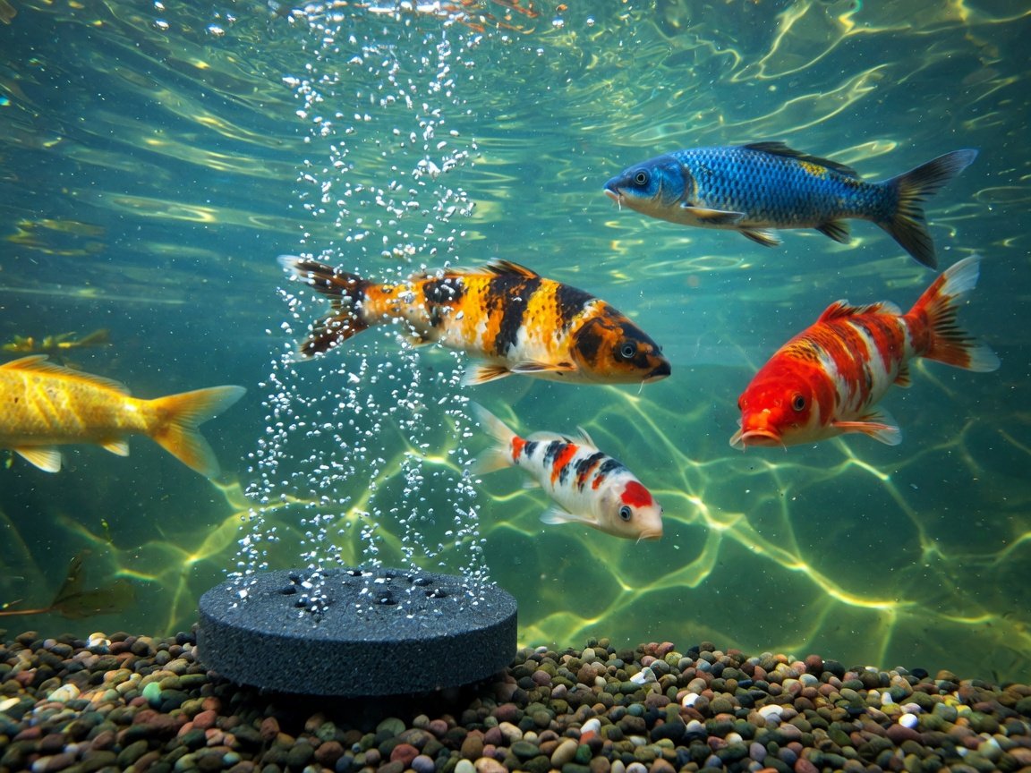 Air pump with diffuser stones aerating a koi pond showing rising fine bubbles