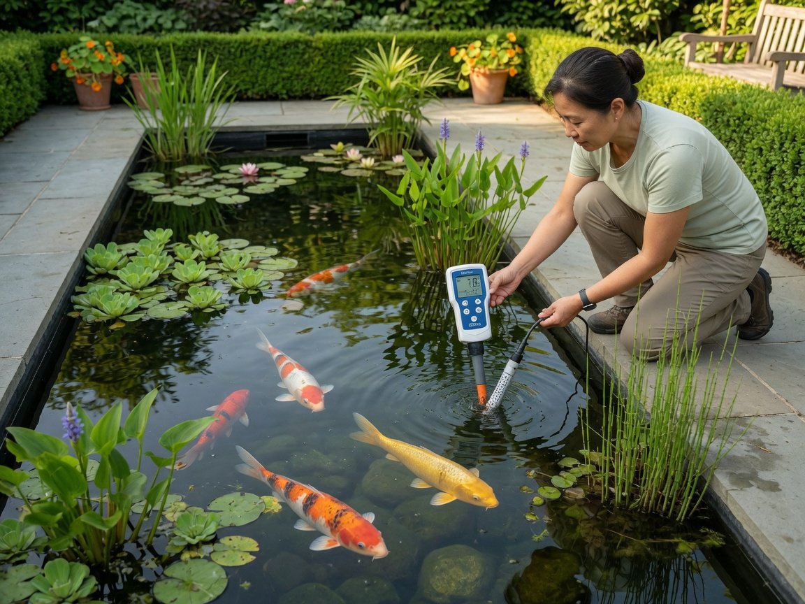 Person testing dissolved oxygen levels in a koi pond with a digital meter