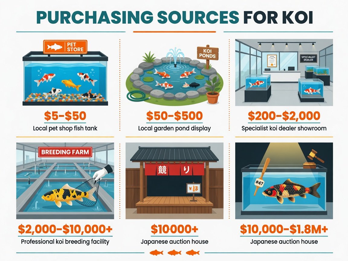 Flat-design infographic comparing koi fish buying sources from pet store to Japanese auction house with price ranges