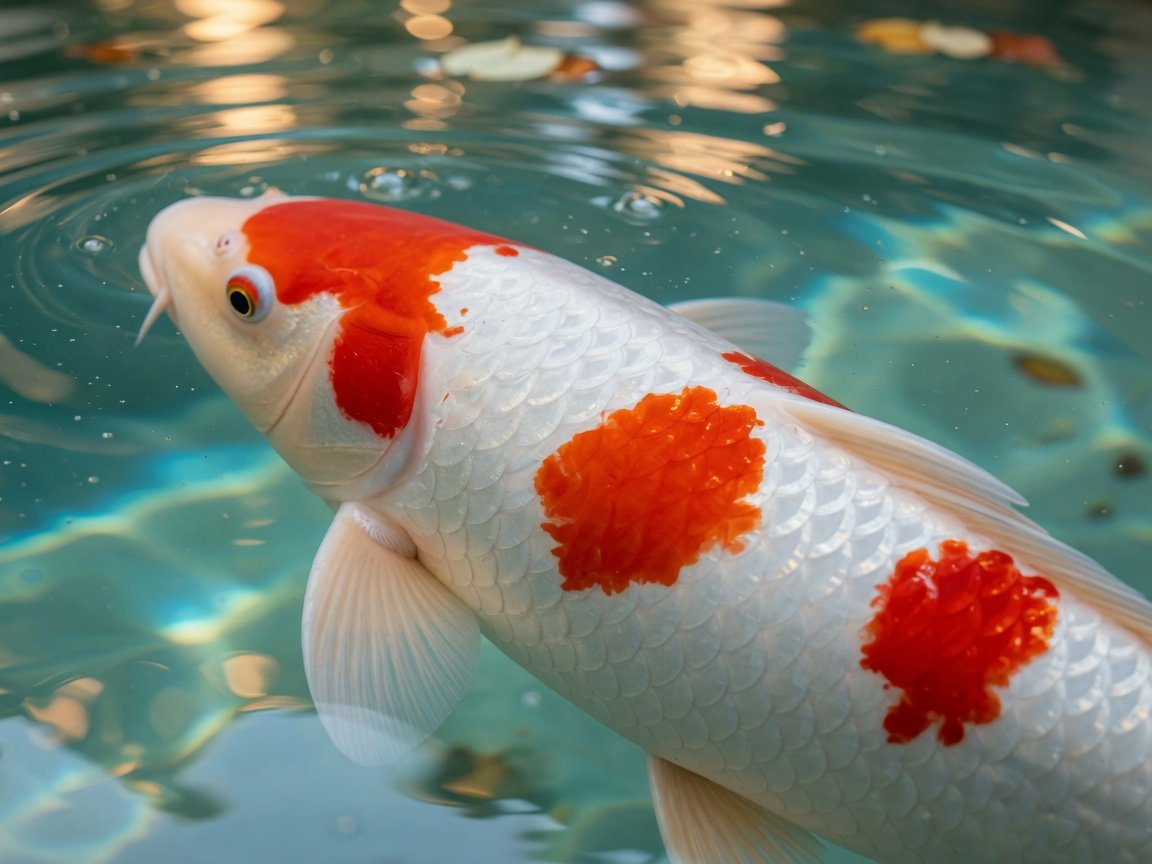 Large show-quality Kohaku koi with vivid red hi markings on a pure white body in crystal-clear pond water