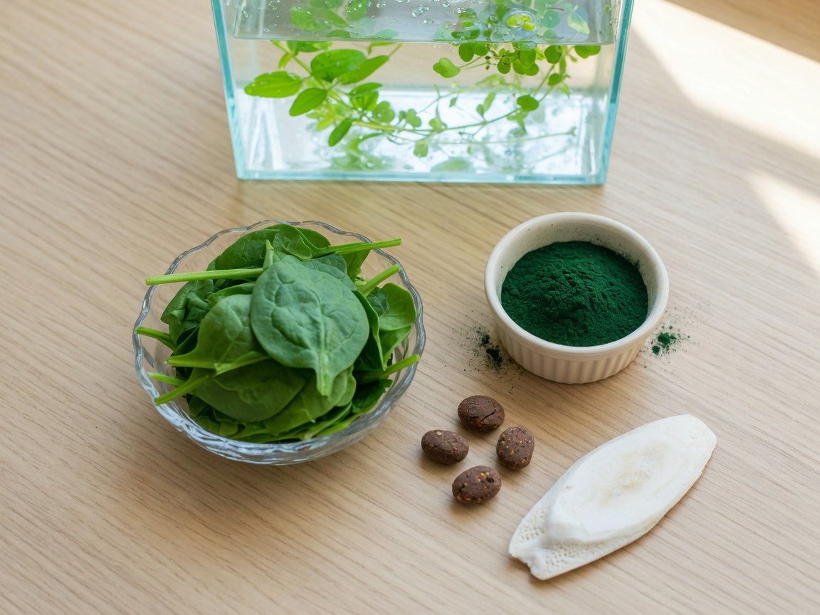 Tadpole food options including blanched spinach, spirulina powder, and commercial aquatic pellets on a wooden surface