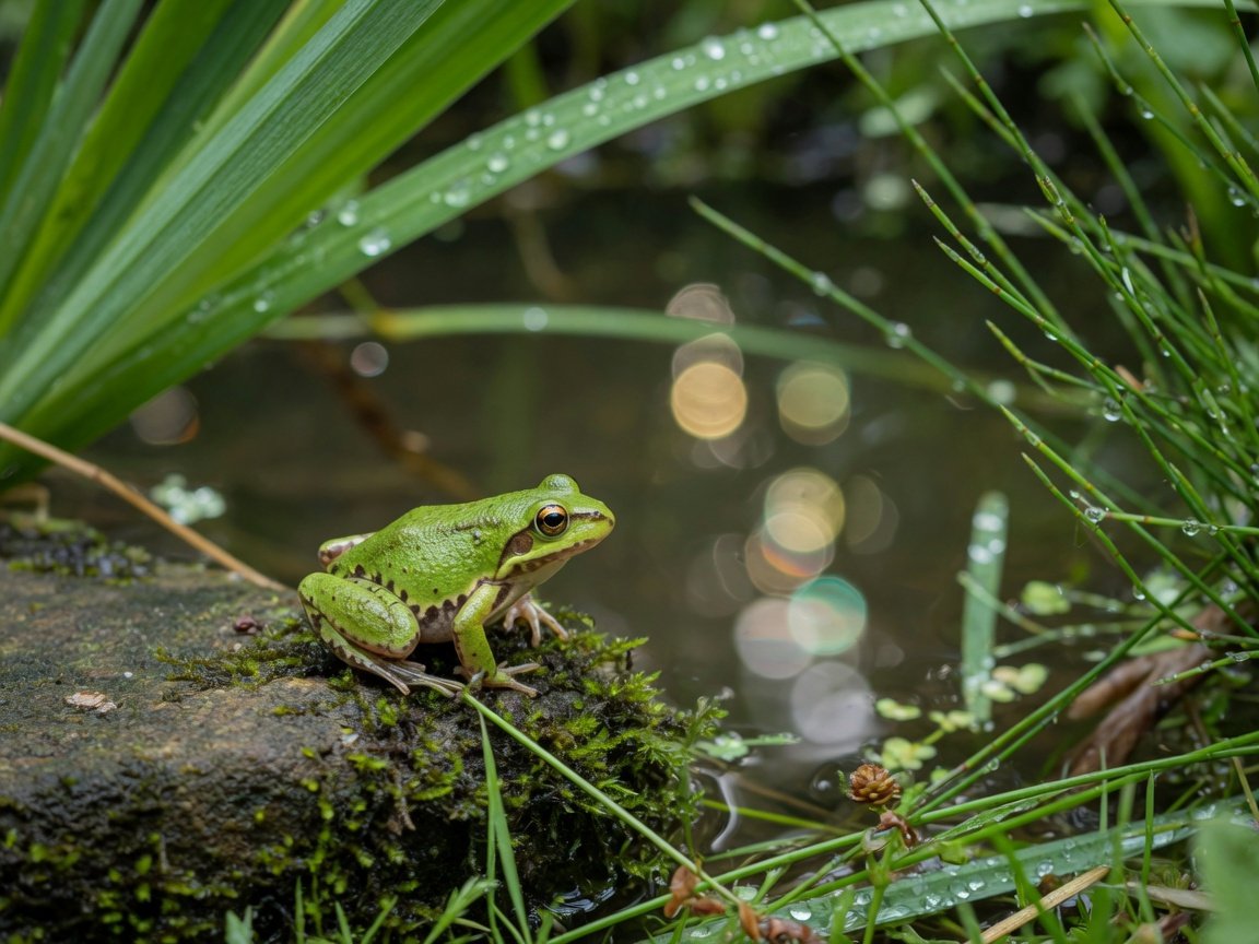 Small green froglet perched on a mossy rock at the edge of a natural garden pond surrounded by lush vegetation