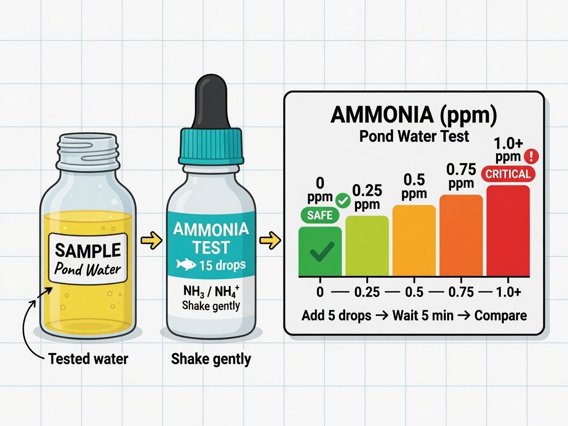Pond water ammonia test kit with colour comparison chart showing levels from safe green to critical red