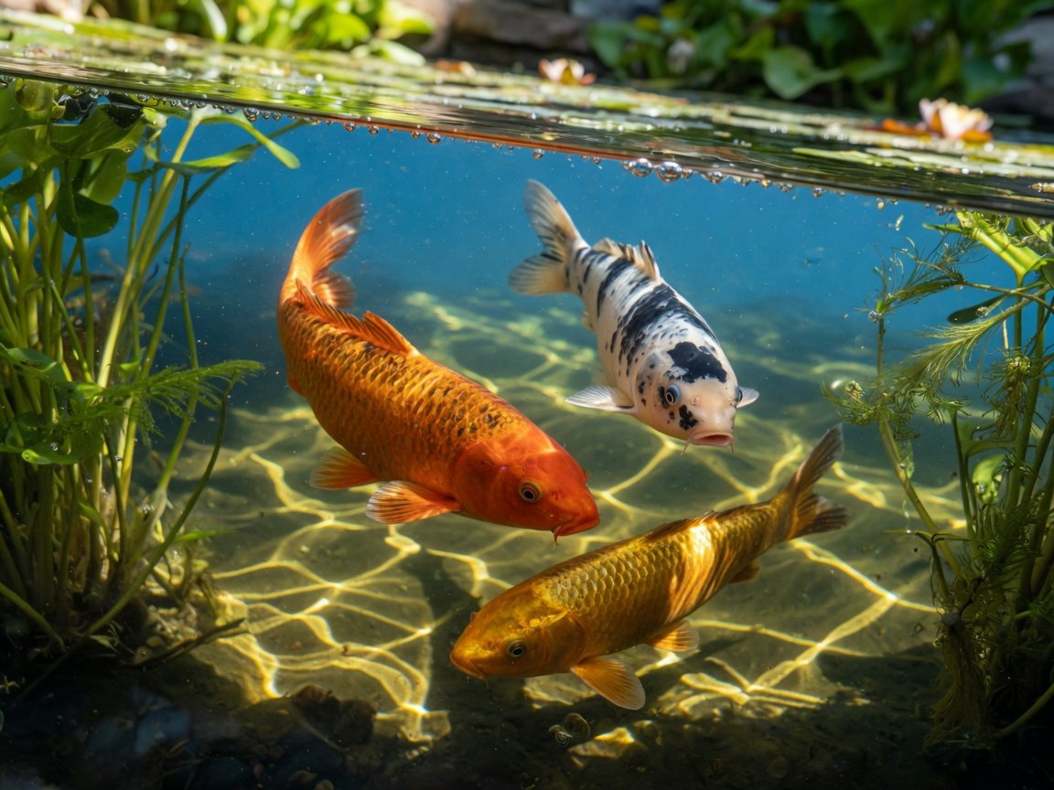 Healthy koi fish swimming actively in a clear garden pond — the result of consistent ammonia management