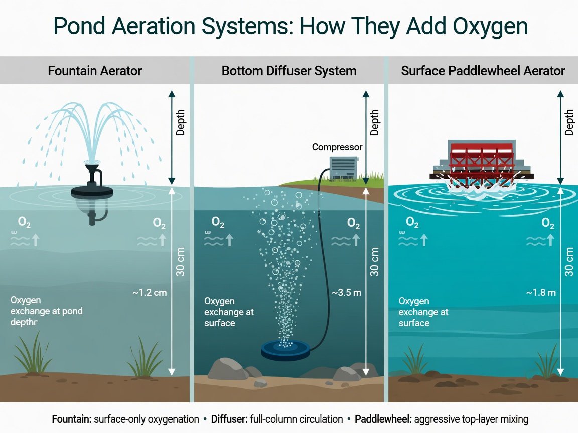 Flat-design educational diagram comparing three pond aeration system types: fountain aerator, bottom diffuser system, and surface aerator side by side
