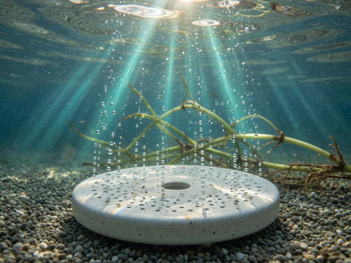 Underwater photograph of a pond bottom diffuser disc releasing streams of fine air bubbles rising through crystal-clear water toward the surface