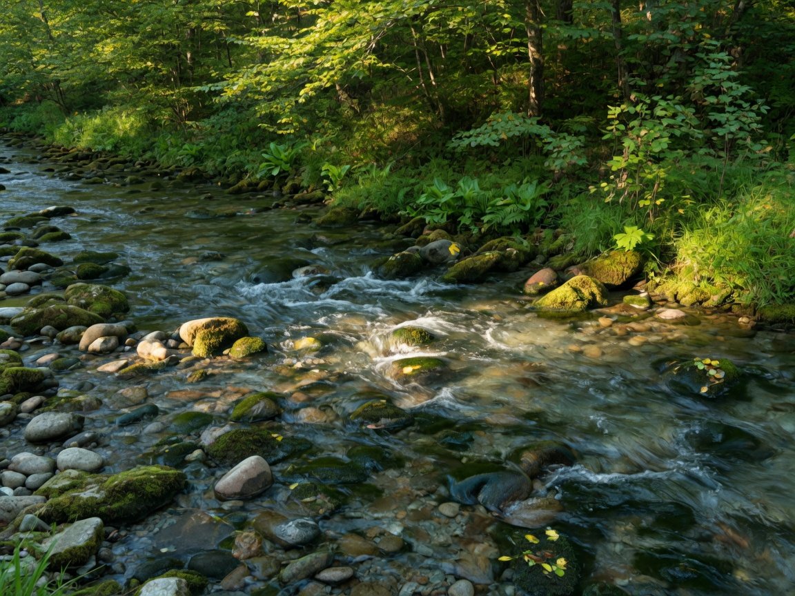 Rocky freshwater stream riffle zone with clear fast-moving water over cobblestones — ideal water penny beetle habitat