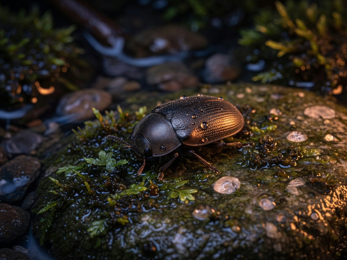 Adult water penny beetle on a damp mossy stone beside a stream edge at night, dark shiny oval body