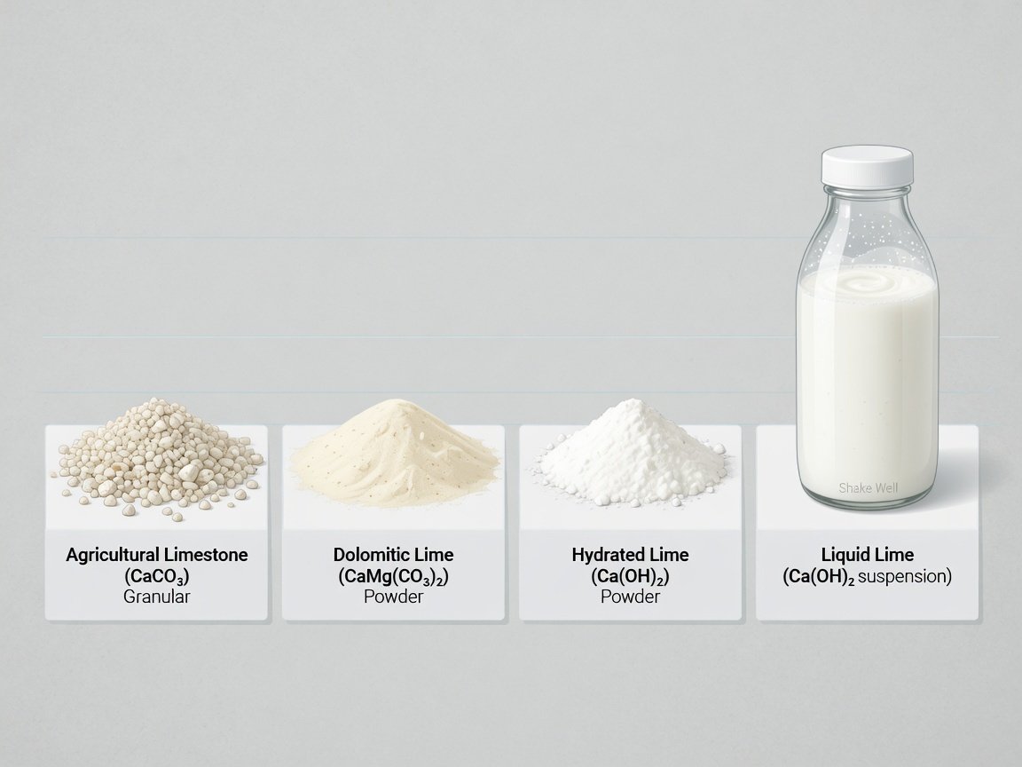 Four types of pond lime products side by side — agricultural limestone, dolomitic lime, hydrated lime, and liquid lime