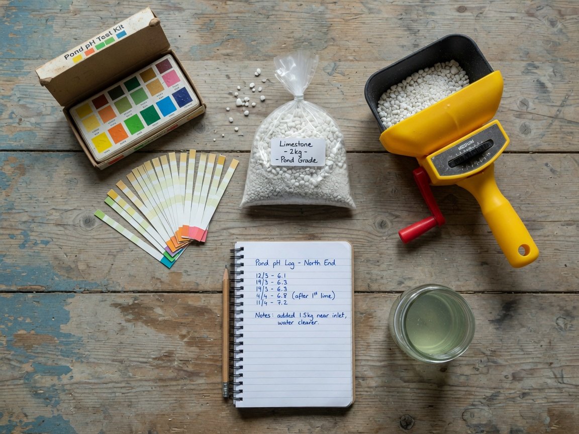 Pond liming tools arranged on a wooden surface including pH test kit, limestone sample, and field notebook