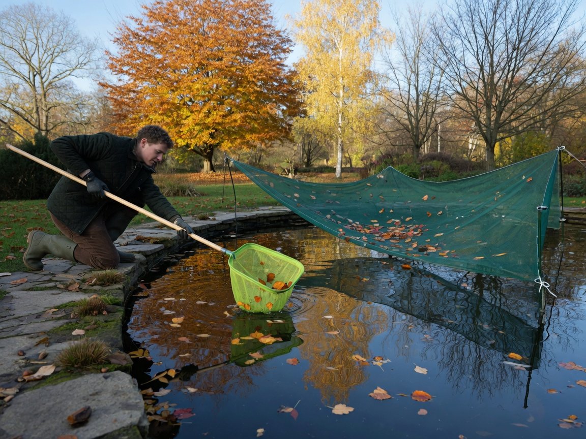 Person using a long-handled fine-mesh net to skim autumn leaves off a fish pond surface