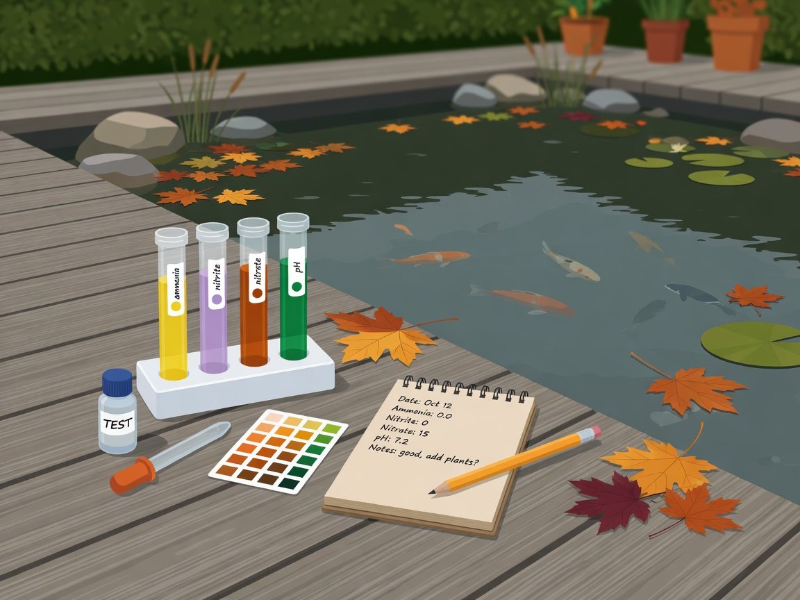 Pond water test kit with coloured test tubes beside a fish pond showing autumn ammonia and pH readings